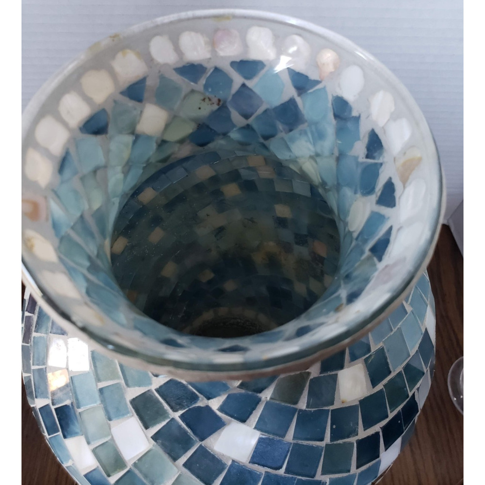 Mosaic 12 Inch Tall Blue White Tiled Glass Large Vase - Picture 7 of 15
